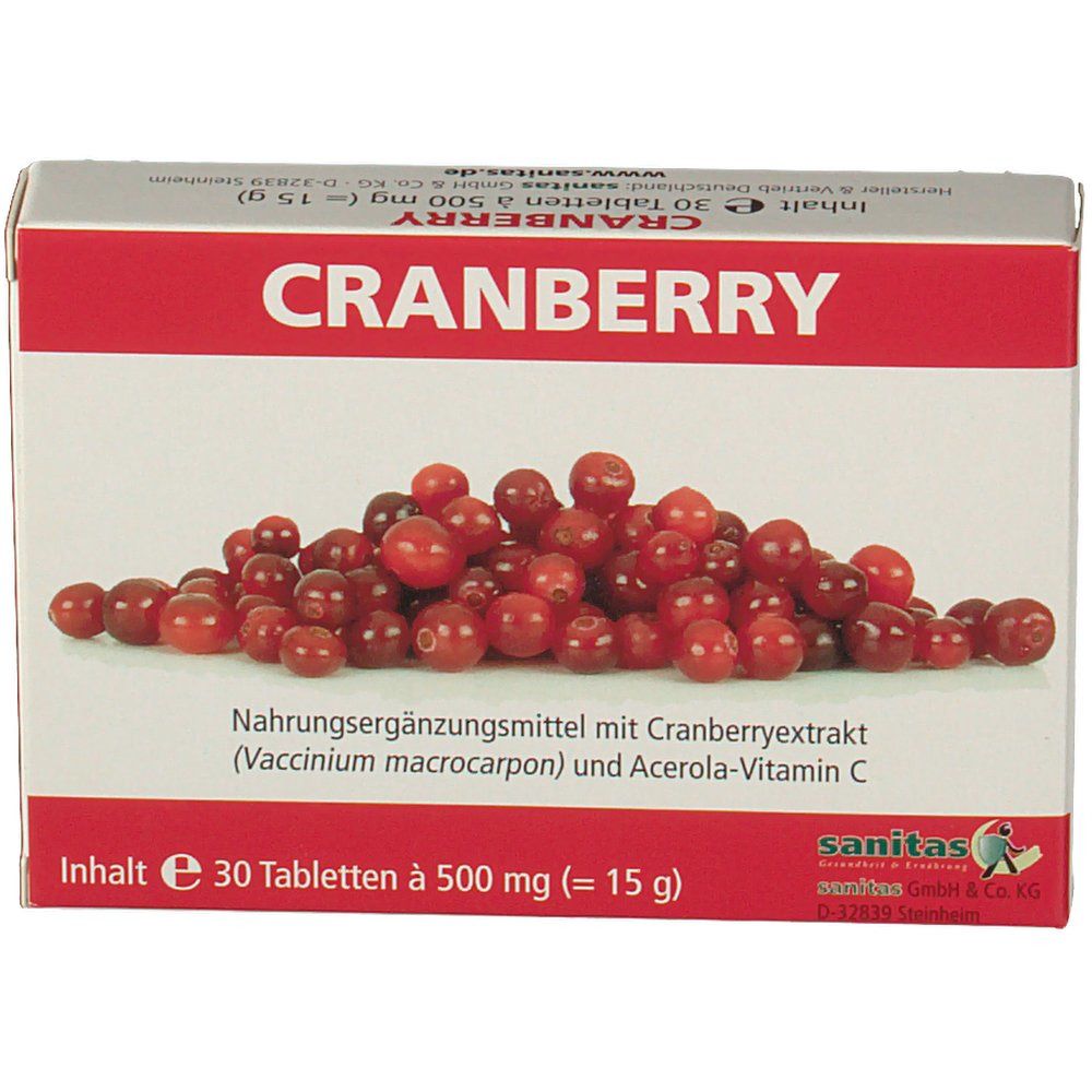 Karton mit Cranberry-Tabletten. Roter Schriftzug "CRANBERRY" und Abbildung von Cranberrys. Sanitas Logo. 30 Tabletten.