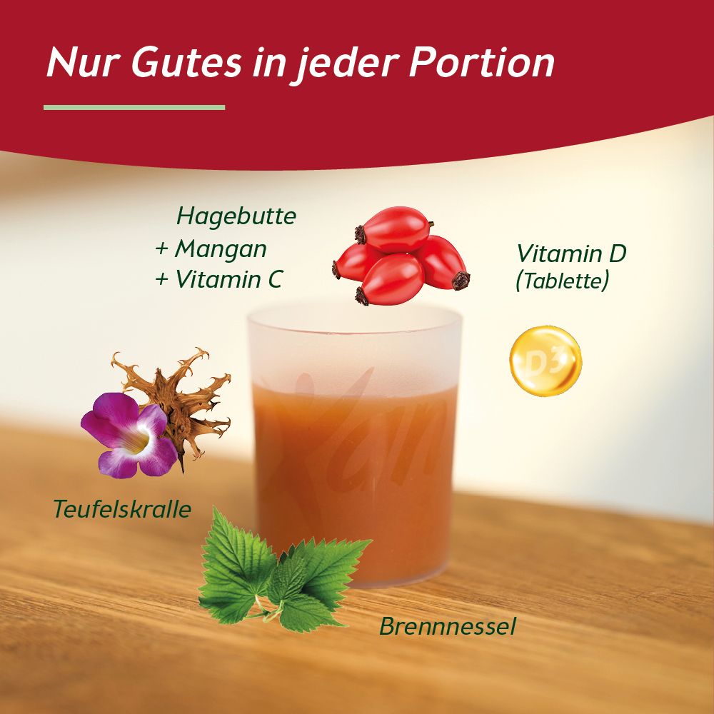Person sitzt und berührt Knie. Text: Vitamin C, Mangan und Vitamin D. RosaXan-Produktinformationen.