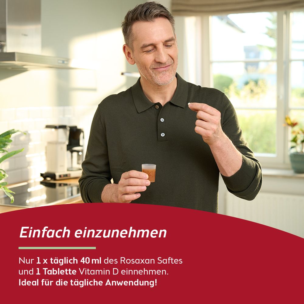 Glas mit Flüssigkeit, Tablette, Kräuter. Zutaten: Hagebutte, Brennnessel, Teufelskralle. Vitamin D-Tablette.