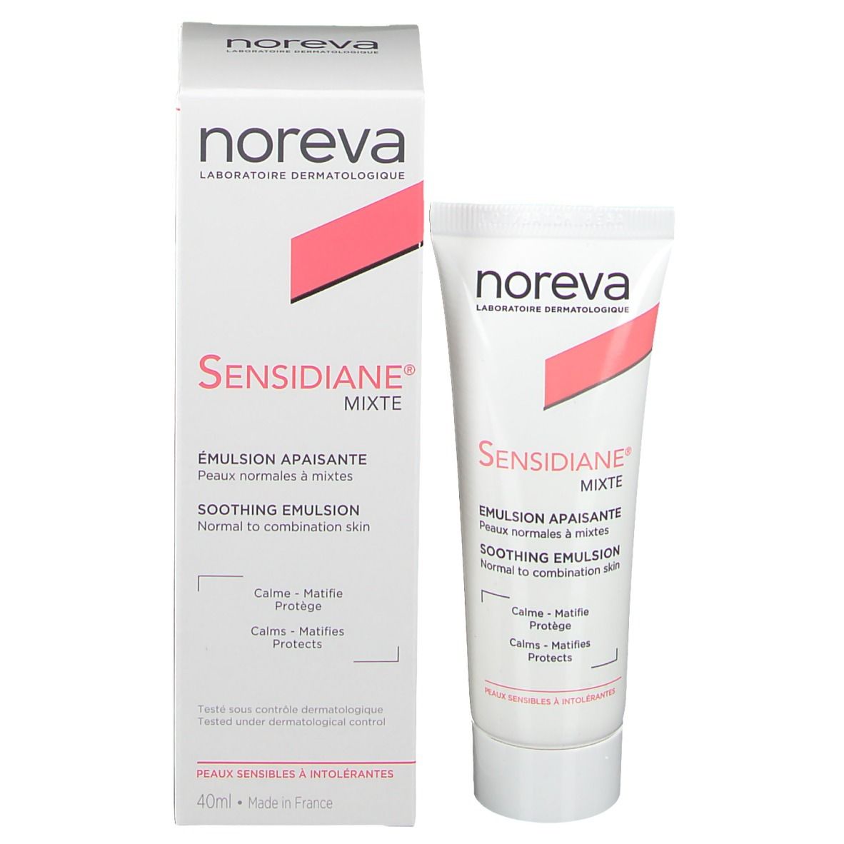 Produkt und Verpackung. Weiße Schachtel und Tube. Marke: noreva. Text: Sensidiane, Emulsion apaisante, Mischhaut.
