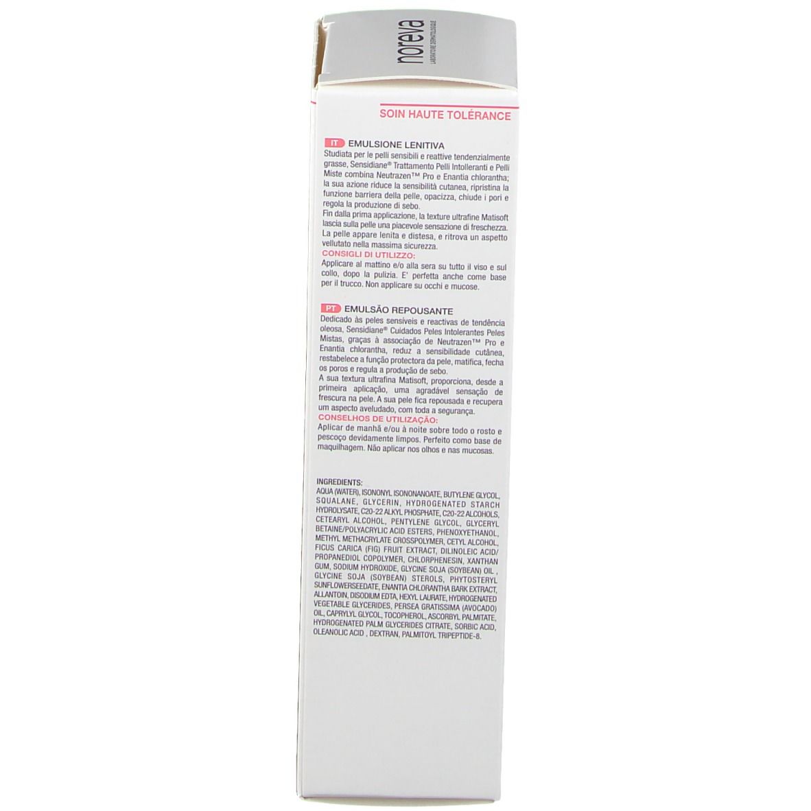 Seite der weißen Schachtel. Text in mehreren Sprachen. Informationen zu Inhaltsstoffen.