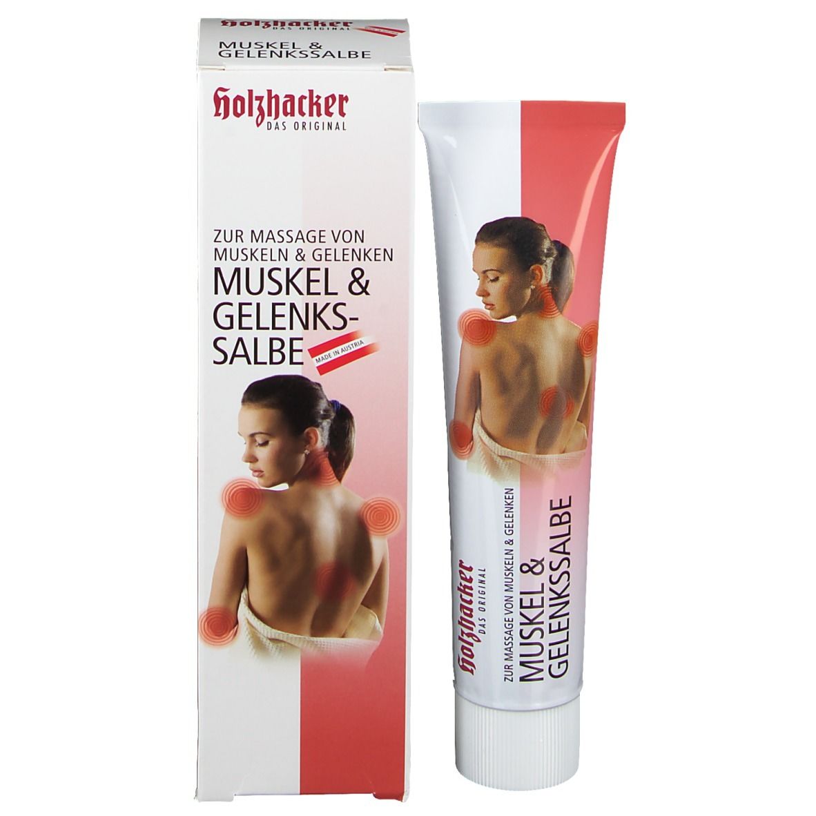 Tube und Karton. Tube: Frau mit roten Markierungen. Karton: Text: Muskel & Gelenkssalbe, Frau mit roten Markierungen.