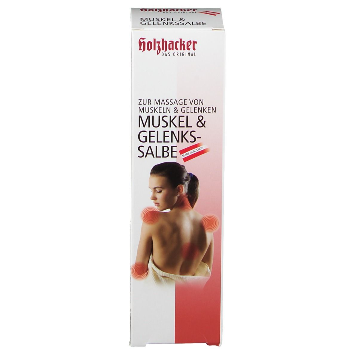 Karton mit Text: Muskel & Gelenkssalbe, Frau mit roten Markierungen. Logo: holzhacker.