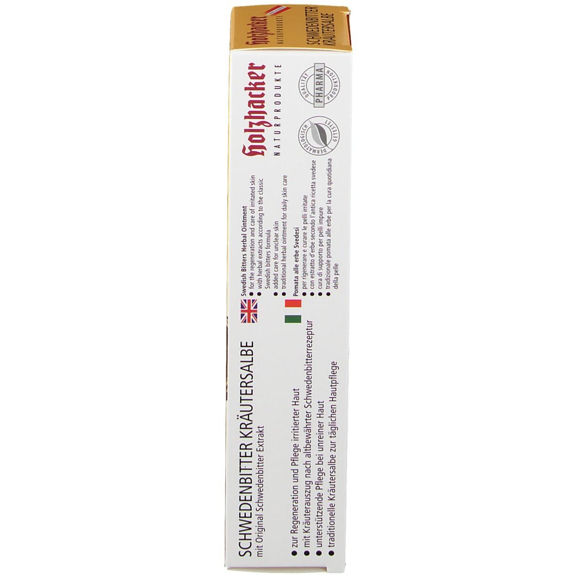 Schmale, weiße Produktverpackung mit Text in mehreren Sprachen. Logo: holzhacker. Zertifizierungen.