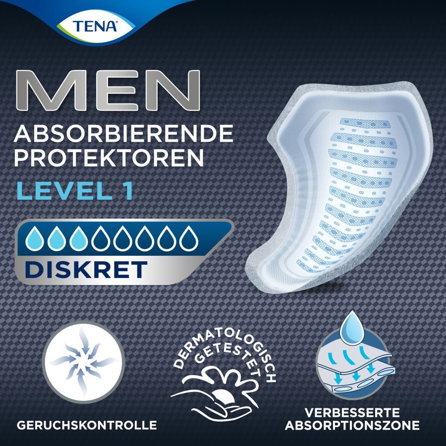 TENA Men Level 1. Absorptionsschutz. Produktmerkmal-Grafiken: Geruchskontrolle, dermatologisch getestet, verbesserte Absorptionszone.