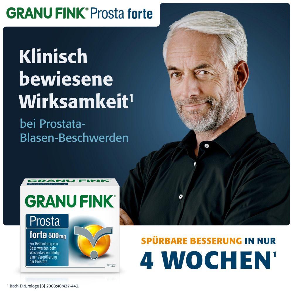 Mann mit Produktverpackung. Text: Klinisch bewiesene Wirksamkeit bei Prostata-Blasen-Beschwerden. 4 Wochen.