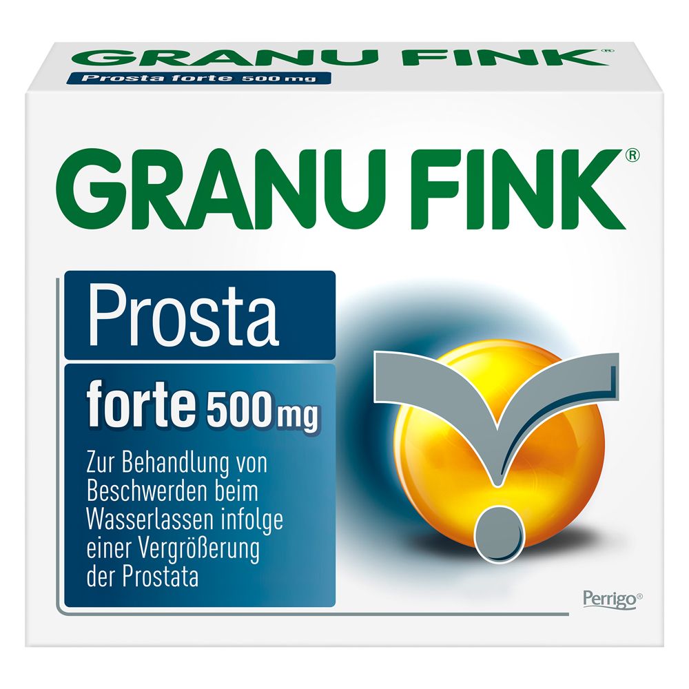 Schachtel GRANU FINK Prosta forte 500 mg. Blaue Schrift, gelbes Logo. Enthält Kürbissamen-Extrakt.