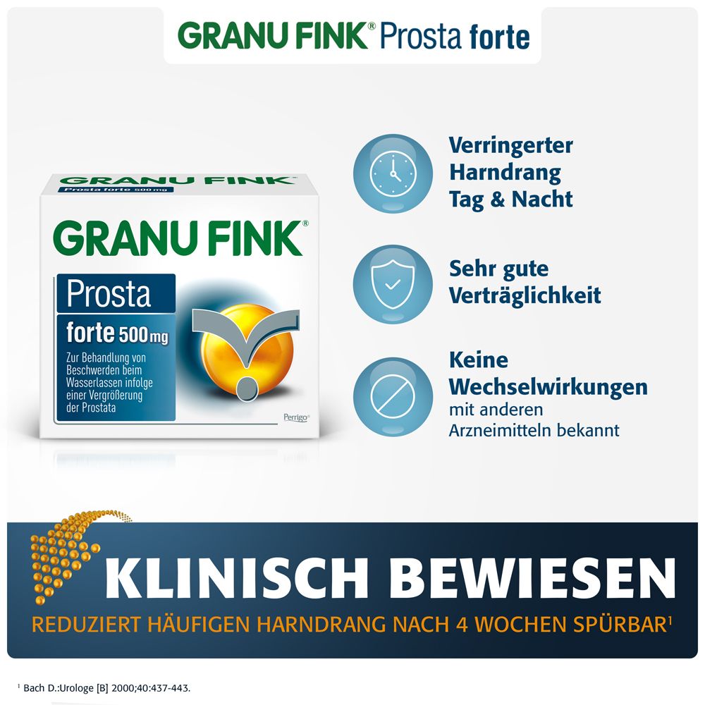 Grafik mit Symbolen: Klinisch belegt, weniger Harndrang, sehr gut verträglich, schont Sexualfunktion.