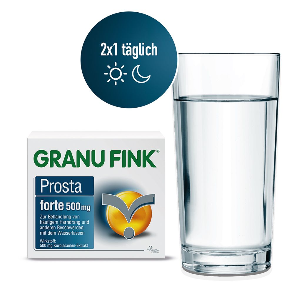 GRANU FINK Prosta forte 500 mg Packung, Glas Wasser, Text: 2x1 täglich.