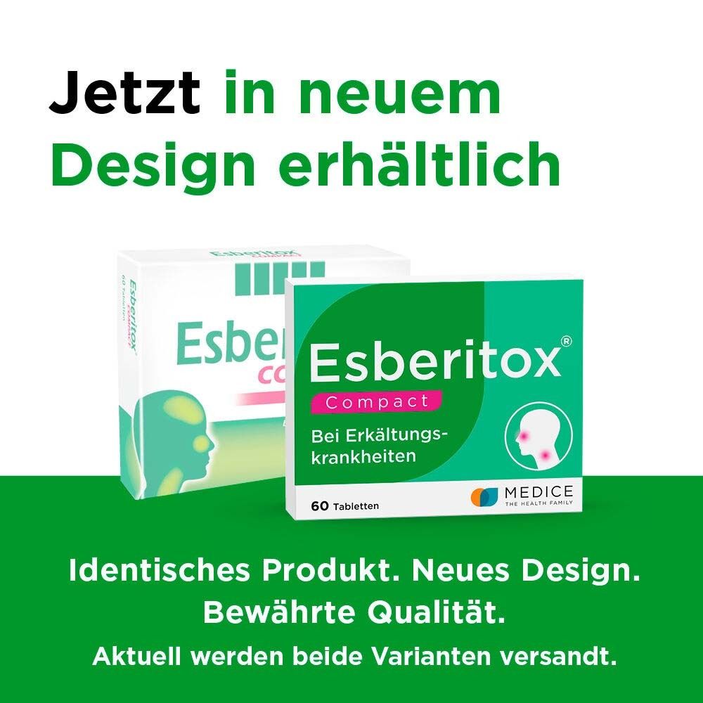 Zwei Esberitox COMPACT-Packungen. Eine im neuen Design, eine im alten. Text: 'Identisches Produkt. Neues Design.'