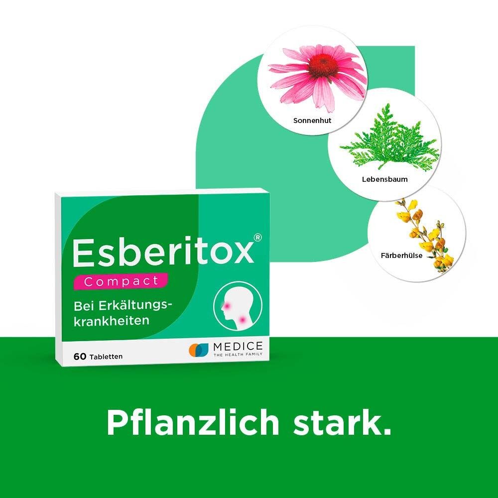 Esberitox COMPACT-Packung mit Kräuterabbildungen. Text: 'Pflanzlich stark.' und Kräuter-Illustrationen.