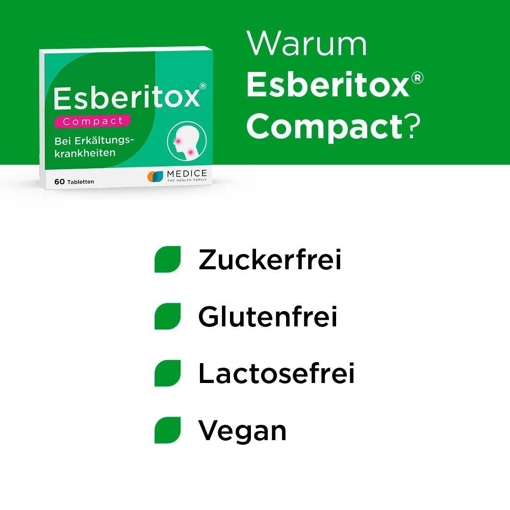 Infografik: Warum Esberitox COMPACT? Zuckerfrei, glutenfrei, laktosefrei, vegan.