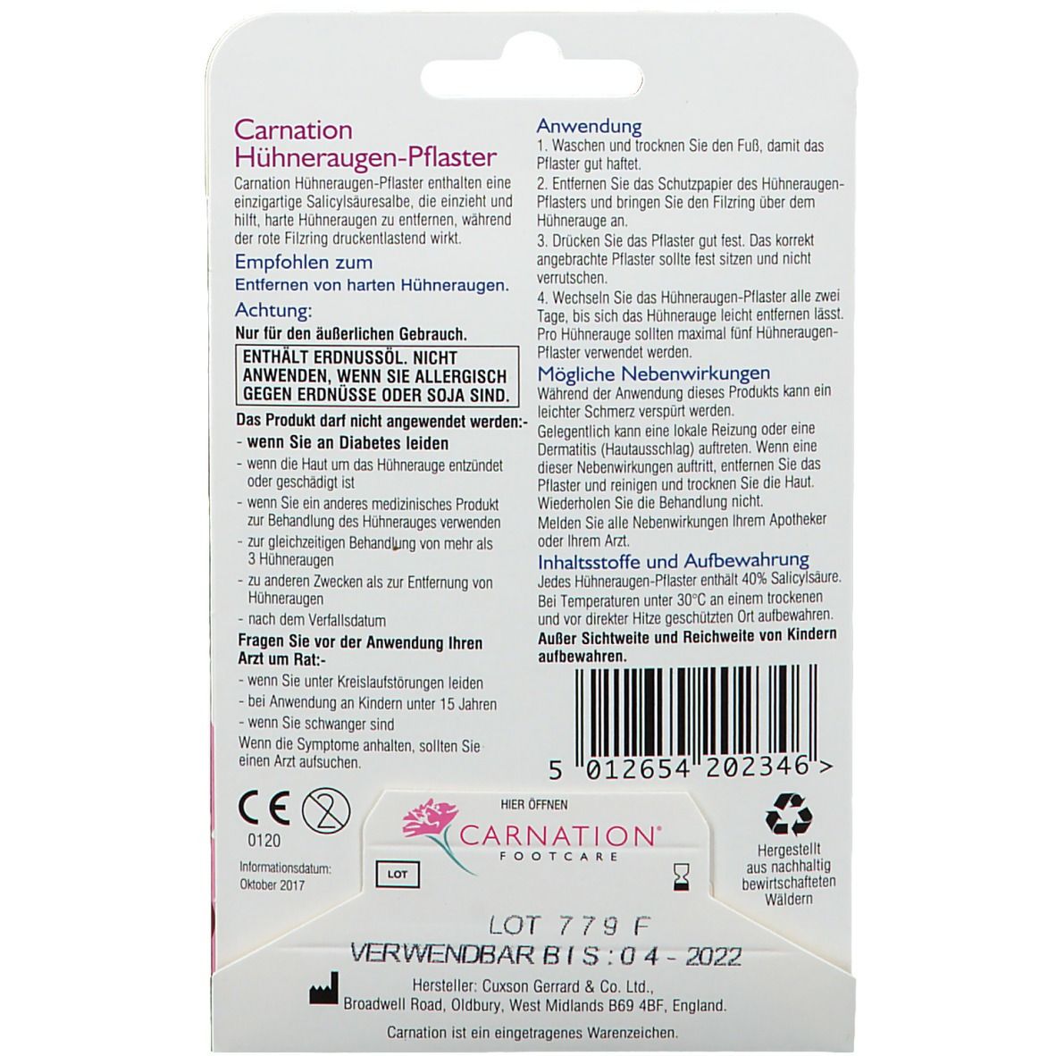 Rückseite der Verpackung. Textinformationen zum Produkt Hühneraugen-Pflaster. Enthält Anweisungen und Inhaltsstoffe.