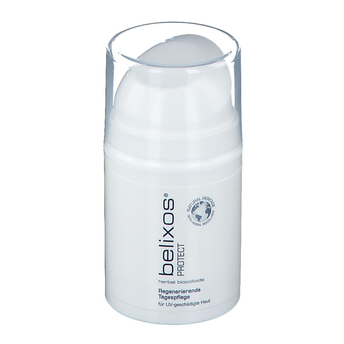 Weißer Spender mit durchsichtigem Deckel. Aufschrift: belixos® PROTECT, herbal biocolloids, Regenerierende Tagespflege.