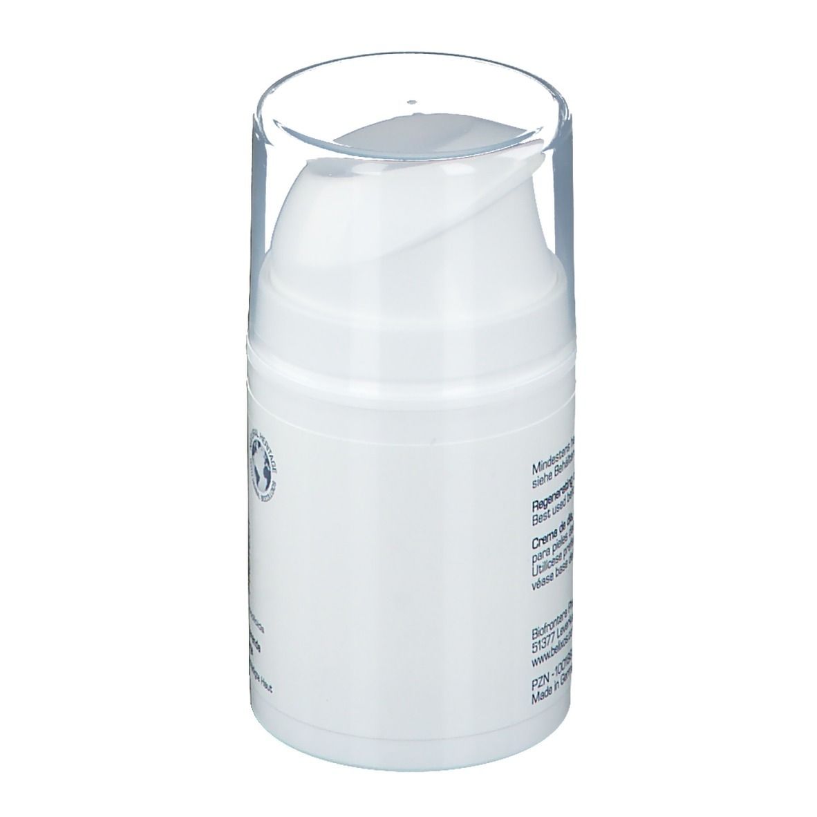 Weißer Spender mit durchsichtigem Deckel. Auf der Seite keine Beschriftung. Blick von der Seite.