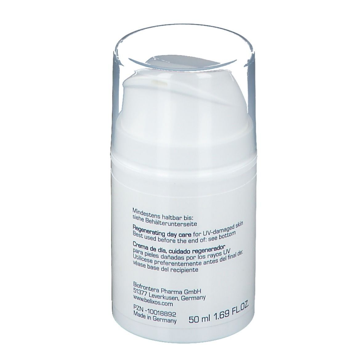 Weißer Spender mit durchsichtigem Deckel. Aufschrift: Regenerierende Tagespflege, 50 ml 1.69 FL.OZ. Rückansicht.