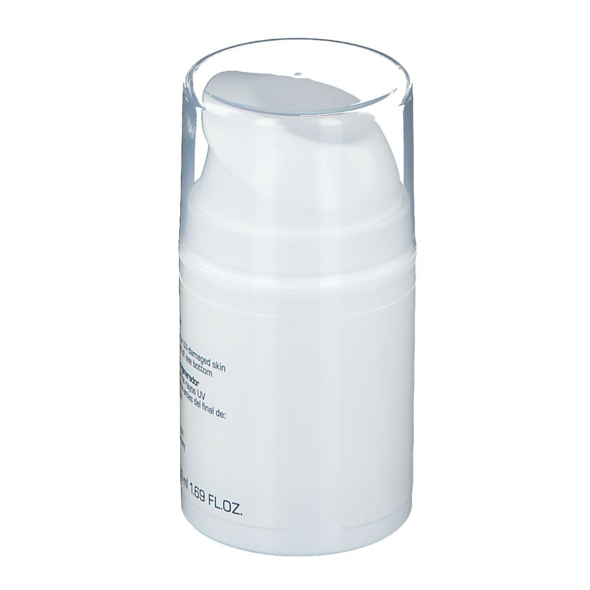 Weißer Spender mit durchsichtigem Deckel. Auf der Seite keine Beschriftung. Blick von der Seite.