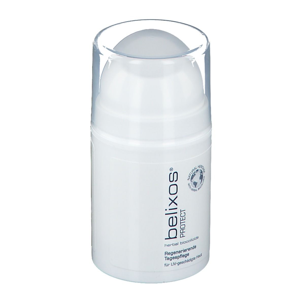 Weißer Spender mit durchsichtigem Deckel. Aufschrift: belixos® PROTECT, herbal biocolloids, Regenerierende Tagespflege.