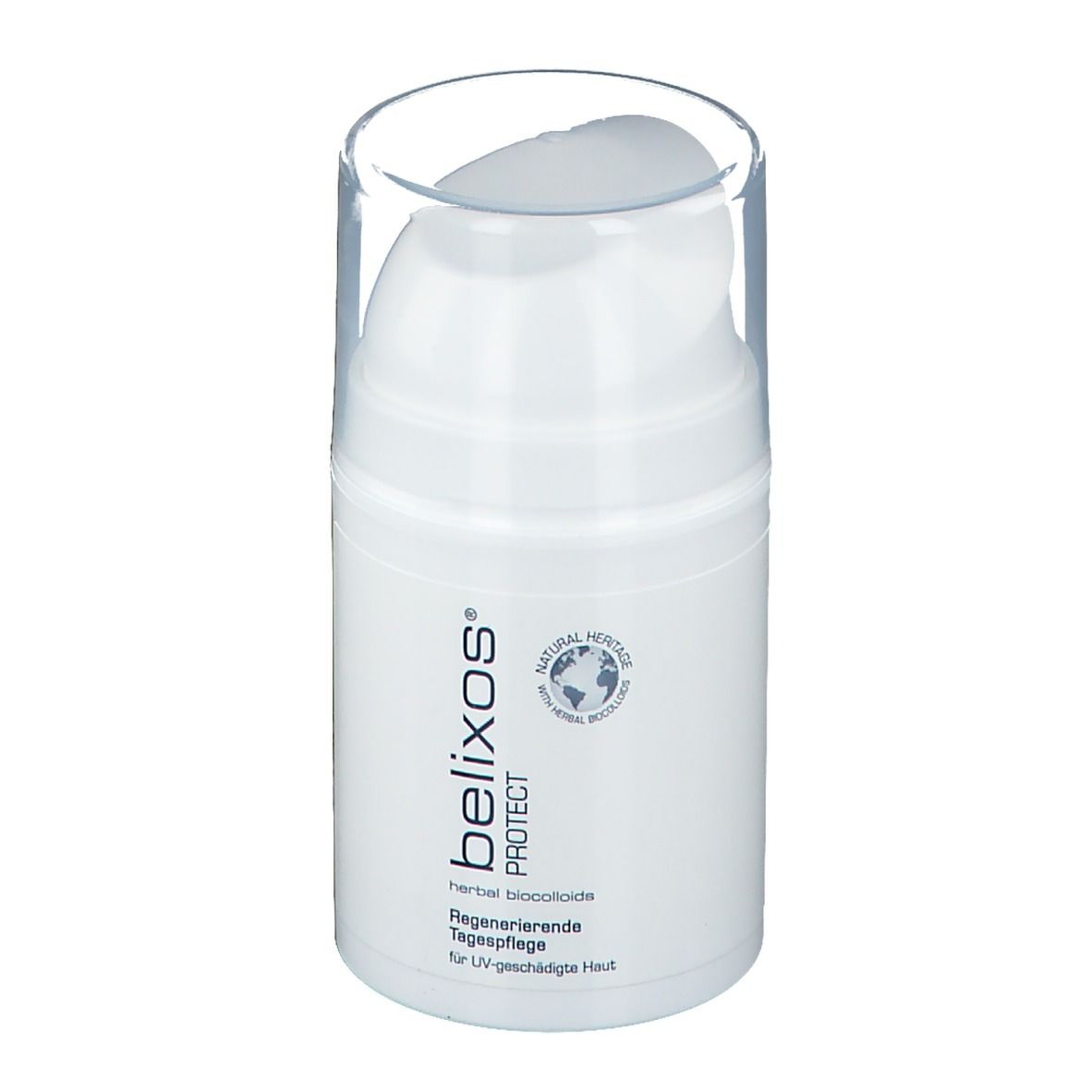 Weißer Spender mit durchsichtigem Deckel. Aufschrift: belixos® PROTECT, herbal biocolloids, Regenerierende Tagespflege.