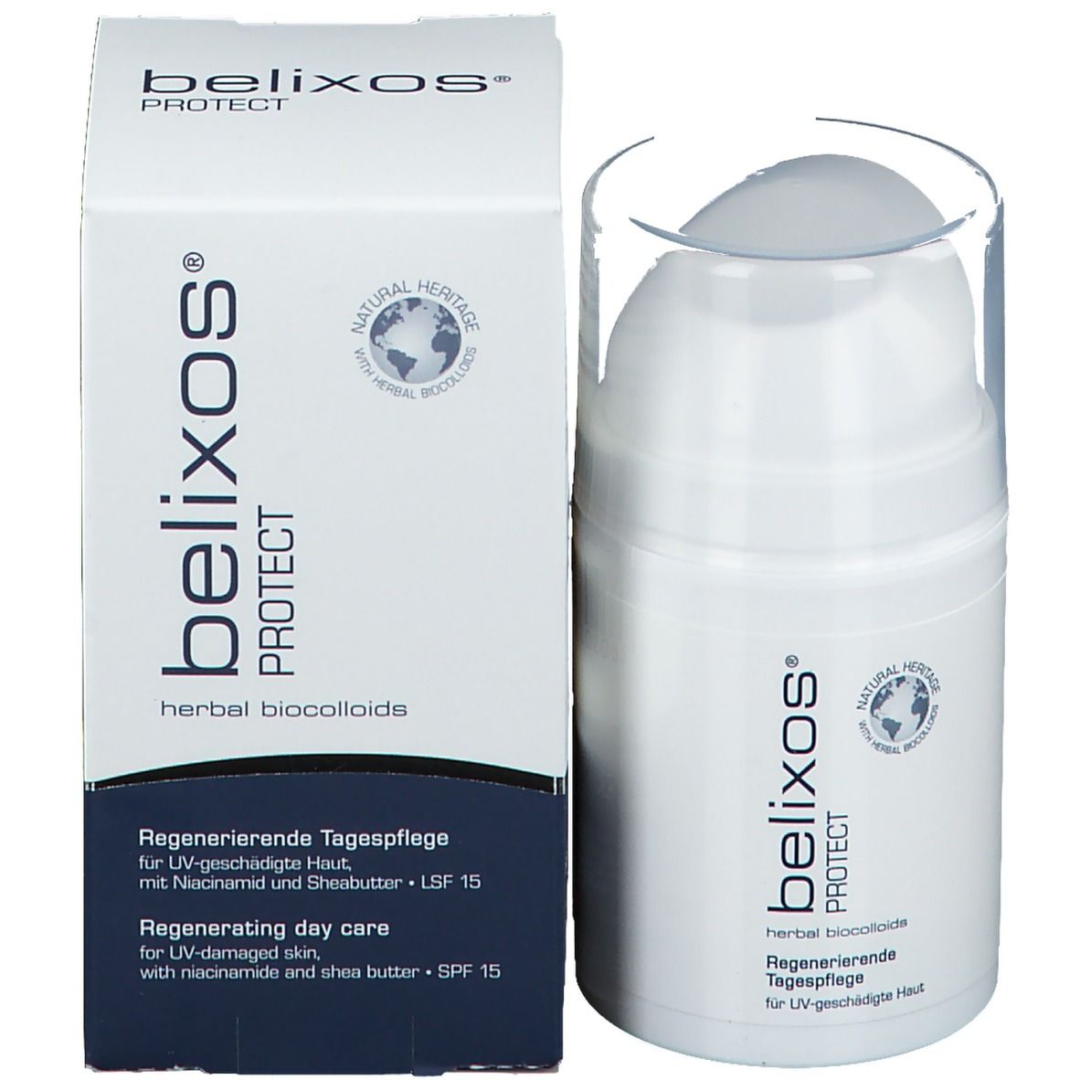 Weißer Spender und Verpackung. Aufschrift: belixos® PROTECT, herbal biocolloids, Regenerierende Tagespflege, LSF 15.