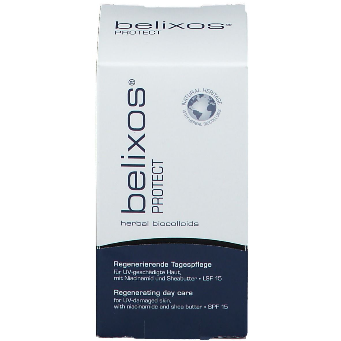 Verpackung. Aufschrift: belixos® PROTECT, herbal biocolloids, Regenerierende Tagespflege, LSF 15.