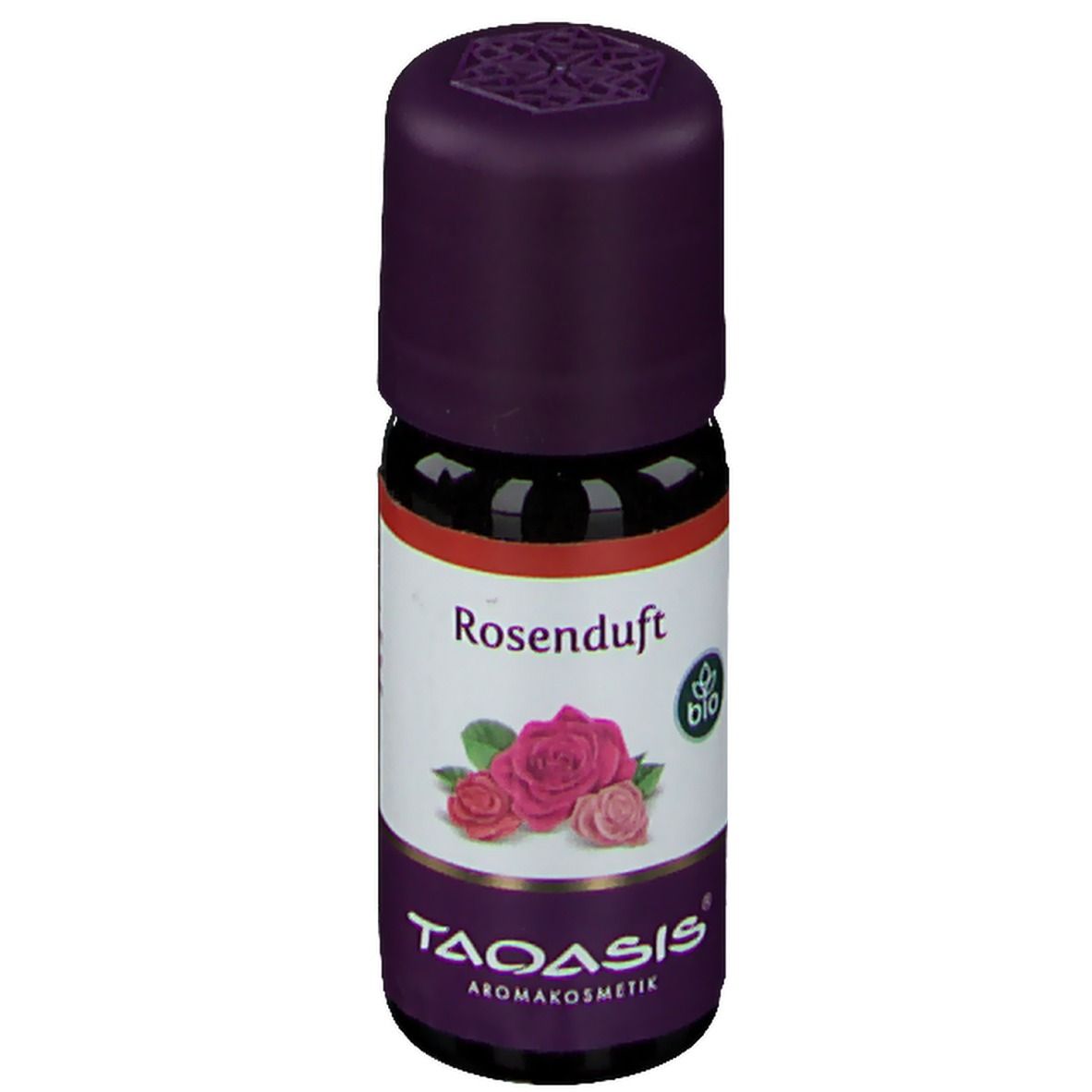 Braune Glasflasche mit lila Verschluss. Etikett mit "Rosenduft", Rosenabbildung und "TAOASIS".