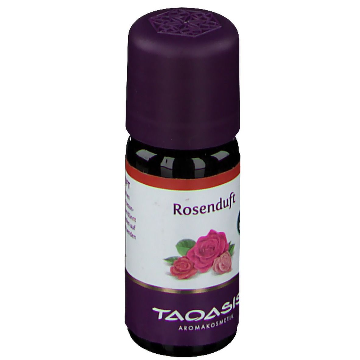 Braune Glasflasche mit lila Verschluss. Etikett mit "Rosenduft", Rosenabbildung und "TAOASIS".