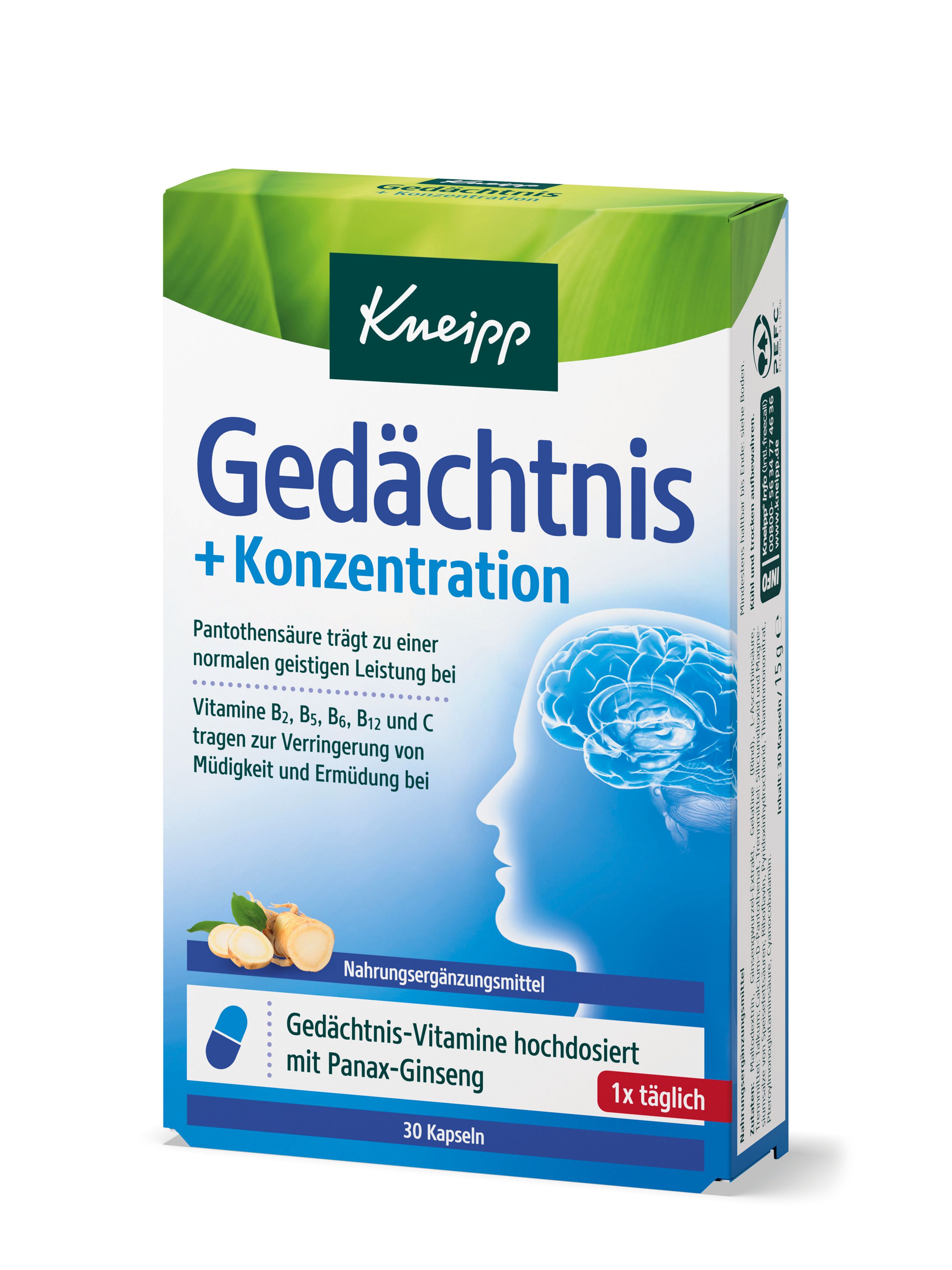 Kneipp® Gedächtnis + Konzentration. Blaue Schachtel mit Produktnamen, Gehirn-Silhouette und 30 Kapseln. Enthält Panax-Ginseng.