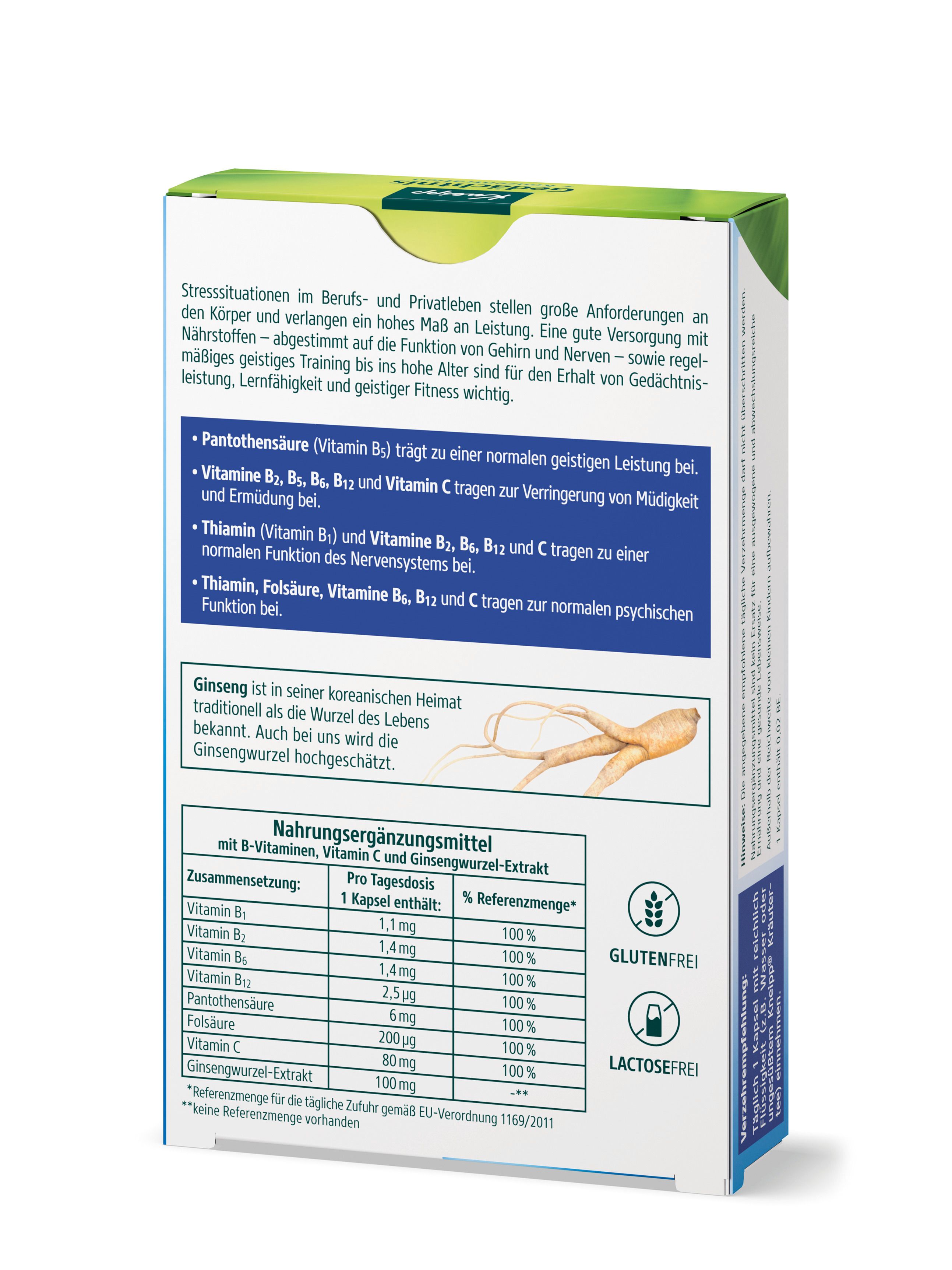 Rückseite der Kneipp® Gedächtnis + Konzentration Packung. Enthält Informationen zu Inhaltsstoffen und Nährwerten. Glutenfrei und laktosefrei.