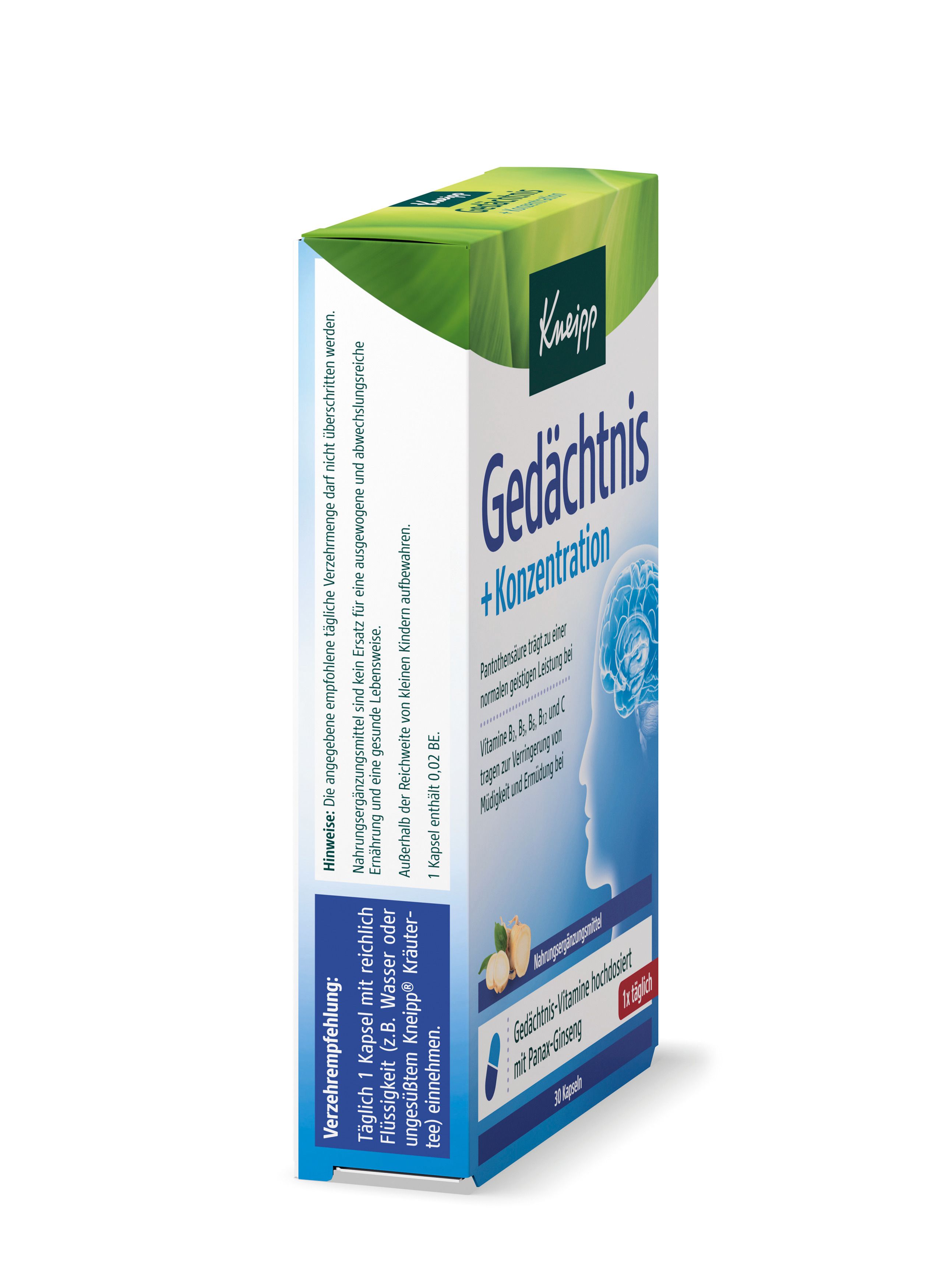 Kneipp® Gedächtnis + Konzentration Packung, schräge Ansicht. Enthält 30 Kapseln. Mit Produktnamen und Gehirn-Silhouette.