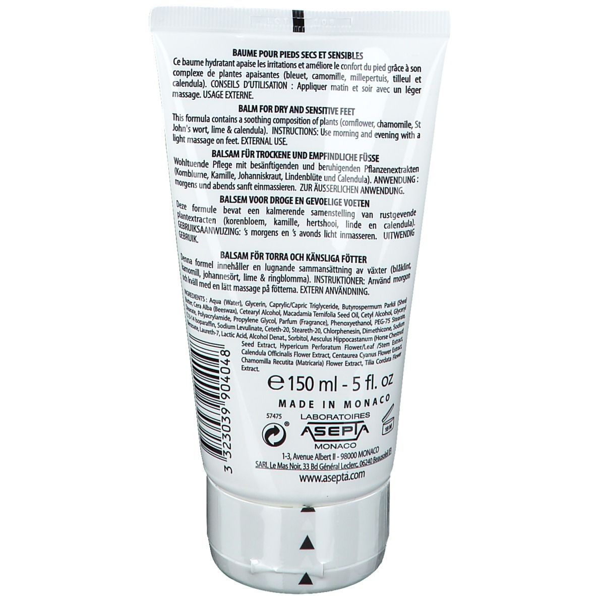 Rückseite einer weißen Tube. Text in mehreren Sprachen, darunter "Balsam für trockene und empfindliche Füße".