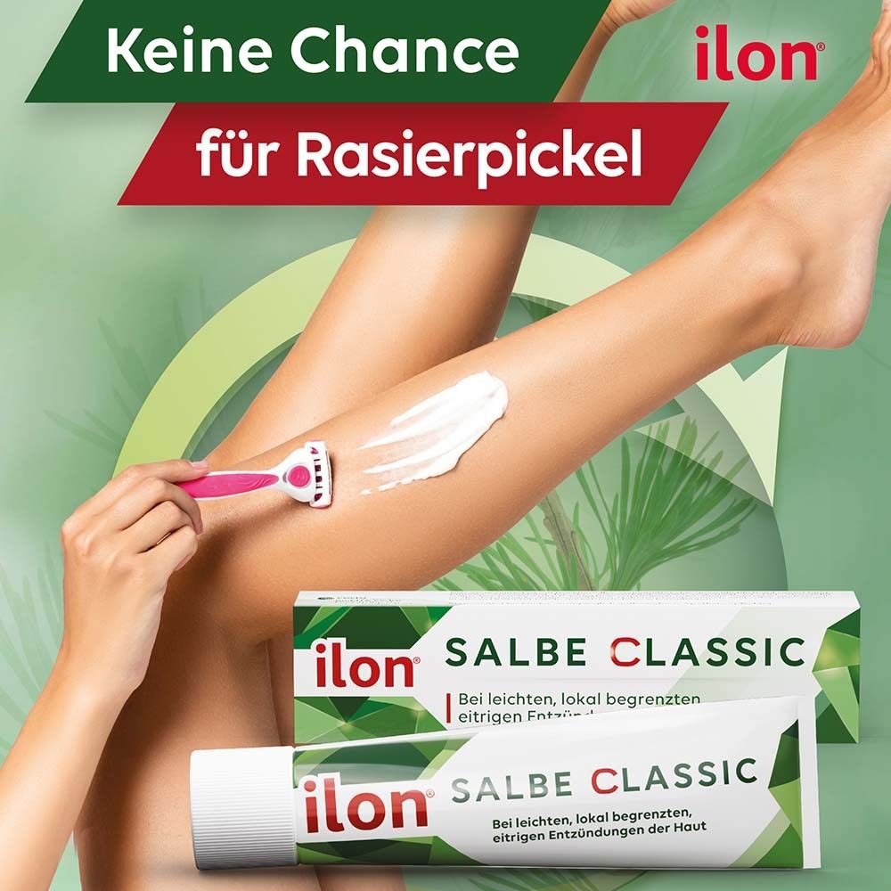 Frau rasiert Bein. Tube und Schachtel ilon Salbe classic. Text: Keine Chance für Rasierpickel.