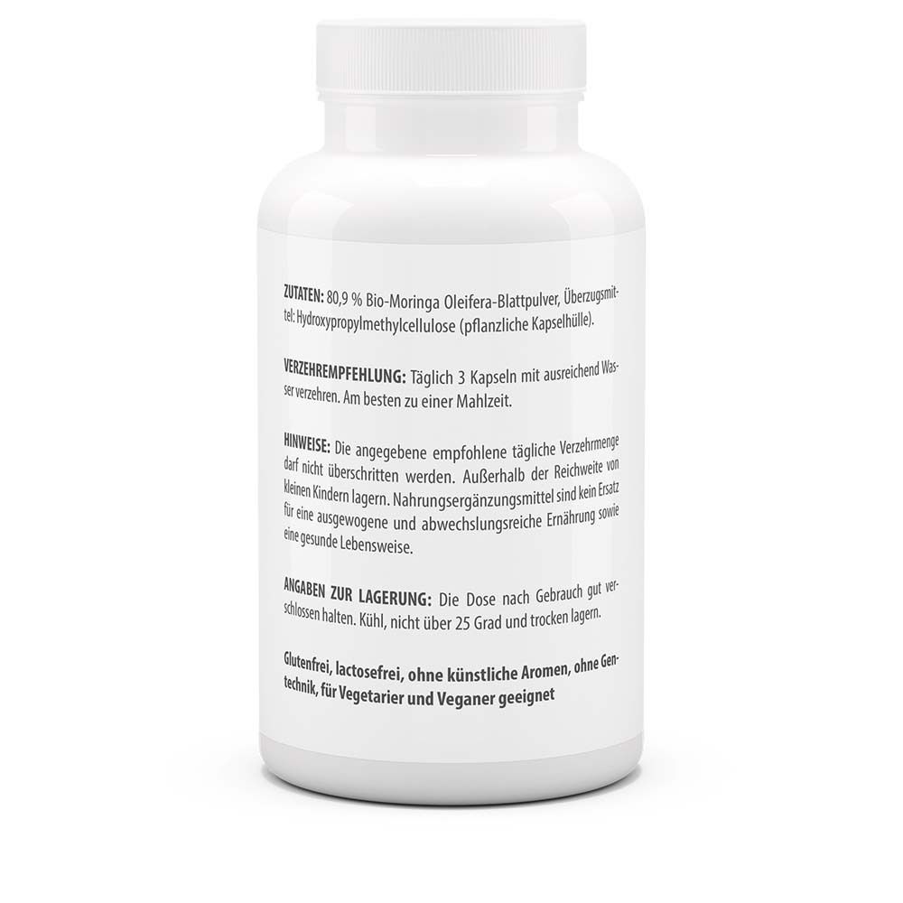 Rückseite der weißen Flasche. Angaben zu Inhaltsstoffen, Dosierung, Lagerung. Glutenfrei, laktosefrei.