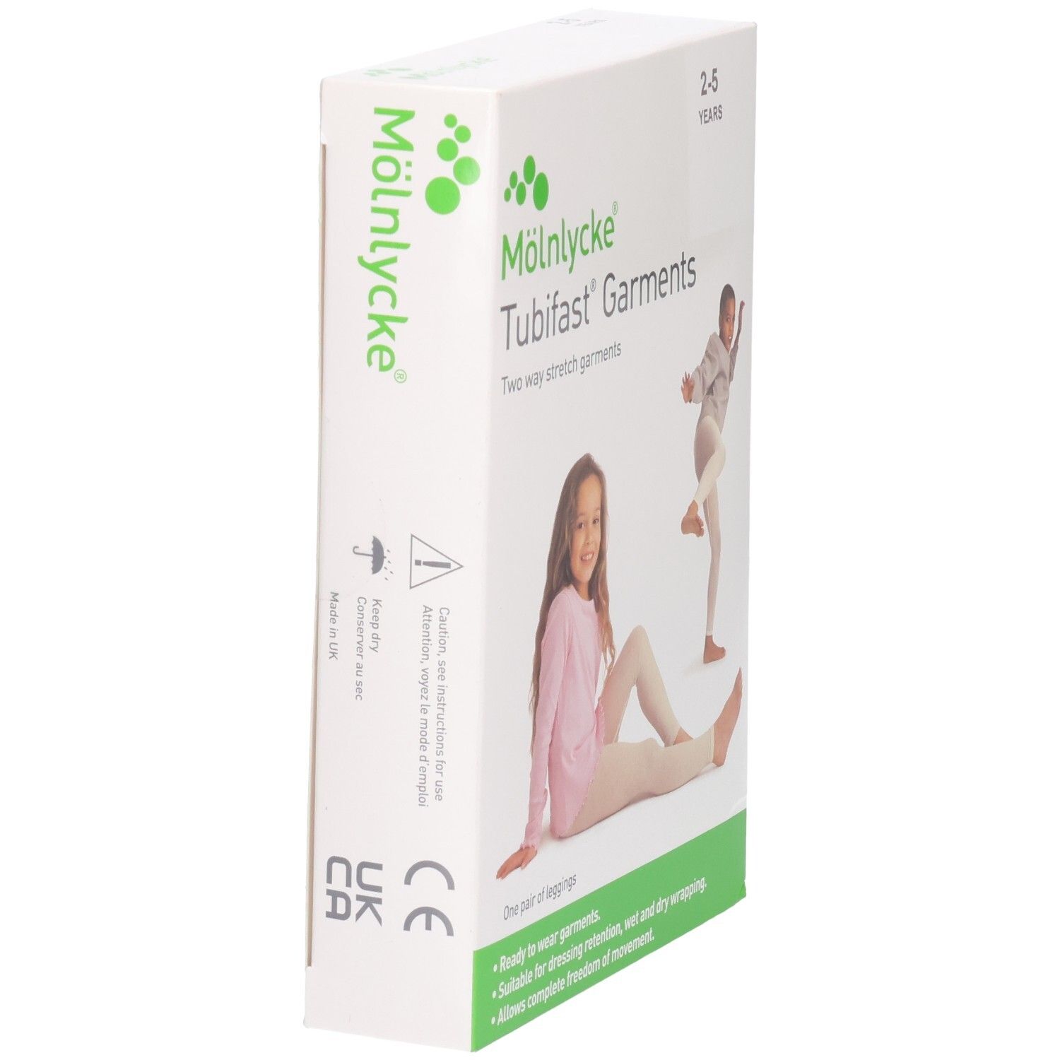 Mölnlycke Tubifast Garments Verpackung mit Größenangabe 2-5 Jahre und Abbildung von Kindern.