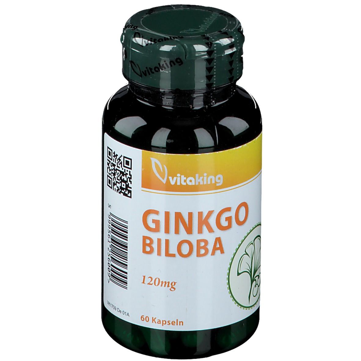 Braune Flasche mit Ginkgo Biloba 120mg Kapseln. Aufschrift: Vitaking, 60 Kapseln. Grüner Deckel mit Vitaking-Logo. QR-Code und Etikett.