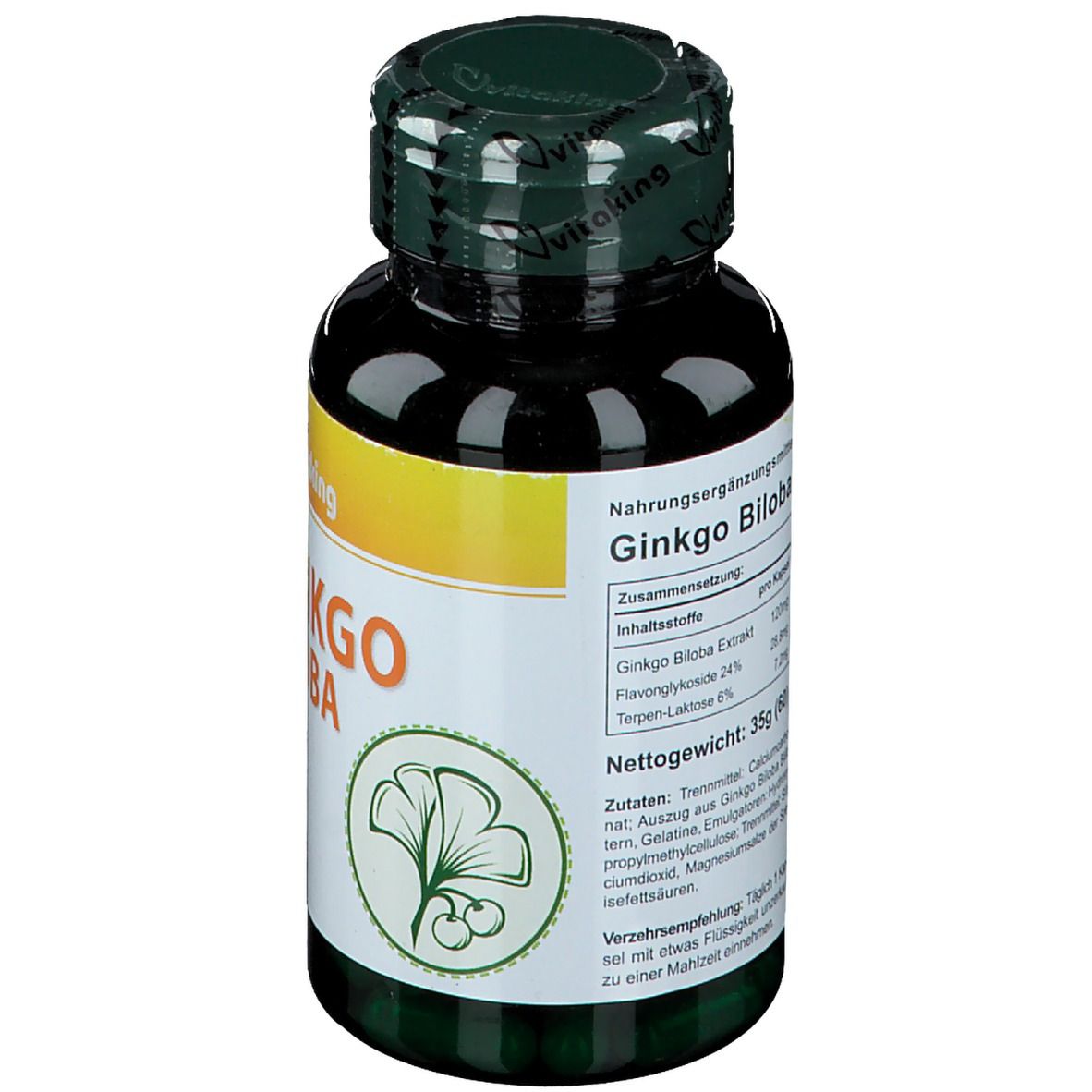 Braune Flasche mit Ginkgo Biloba 120mg Kapseln. Rückseite mit Inhaltsstoffen und Nährwertangaben. Grüner Deckel mit Vitaking-Logo.
