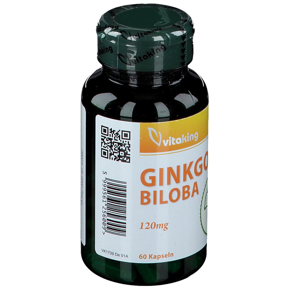 Braune Flasche mit Ginkgo Biloba 120mg Kapseln. Aufschrift: Vitaking, 60 Kapseln. Grüner Deckel mit Vitaking-Logo. QR-Code und Etikett.