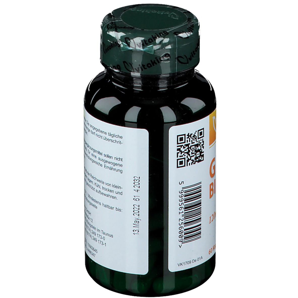 Braune Flasche mit Ginkgo Biloba 120mg Kapseln. Rückseite mit Informationen. Grüner Deckel mit Vitaking-Logo. QR-Code und Etikett.