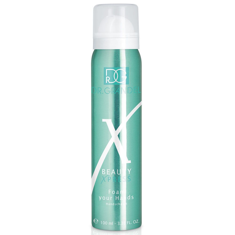 Türkisgrüne Sprühflasche mit weißem Deckel. Aufschrift: Dr. Grandel, Beauty X Press, Foam your Hands.