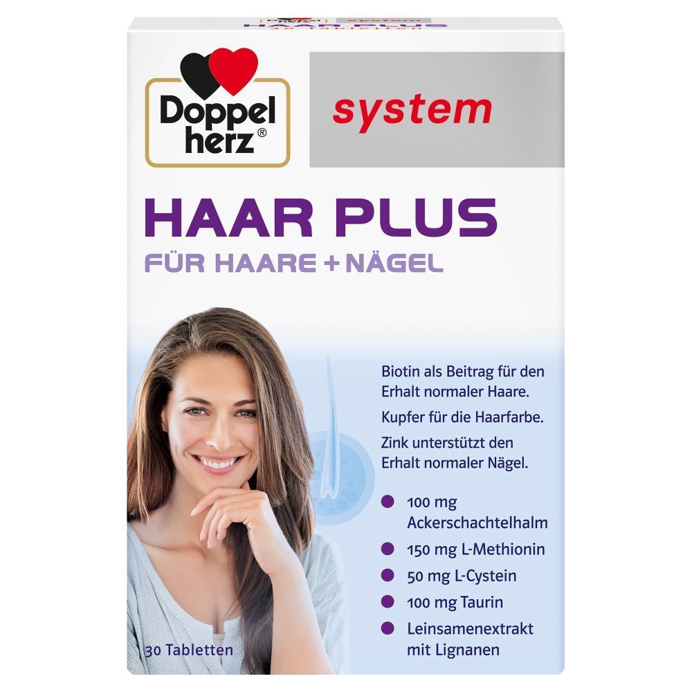 Schachtel mit Doppelherz HAAR PLUS. Enthält Tabletten für Haare und Nägel. Frau auf der Verpackung.