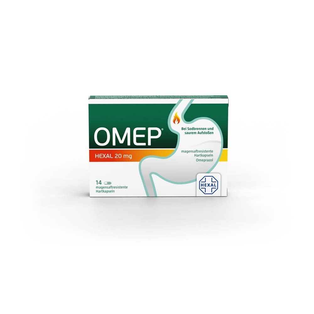 Schachtel OMEP HEXAL 20 mg. 14 magensaftresistente Hartkapseln. Logo HEXAL. Abbildung eines Magens.