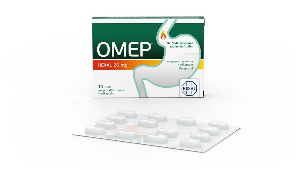 OMEP HEXAL 20 mg Packung mit 14 Kapseln und Blister. Logo HEXAL. Abbildung eines Magens.