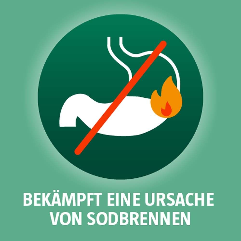 Kreis mit Magen-Illustration und rotem Strich. Text: Bekämpft eine Ursache von Sodbrennen.