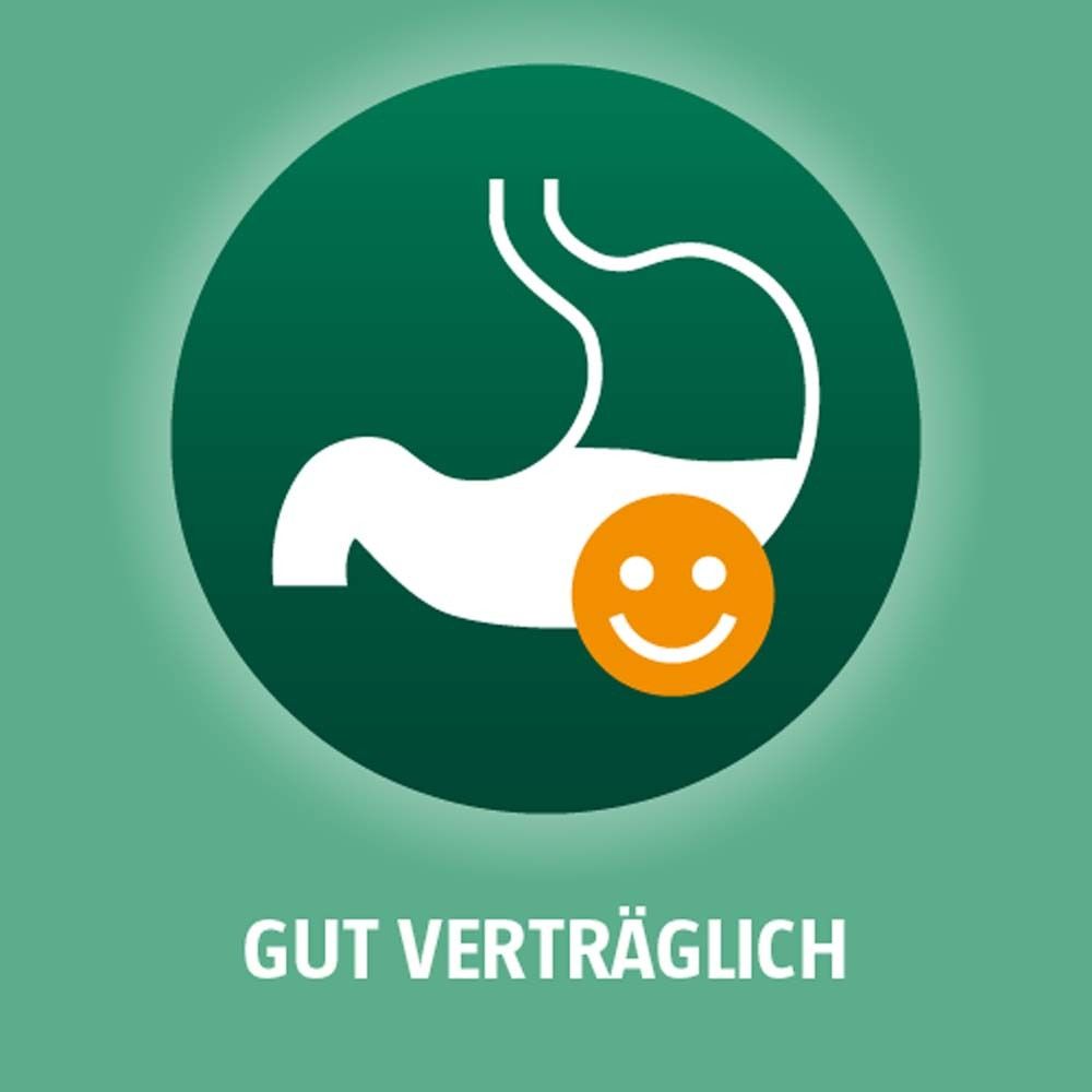 Kreis mit Magen-Illustration und Smiley. Text: Gut verträglich.