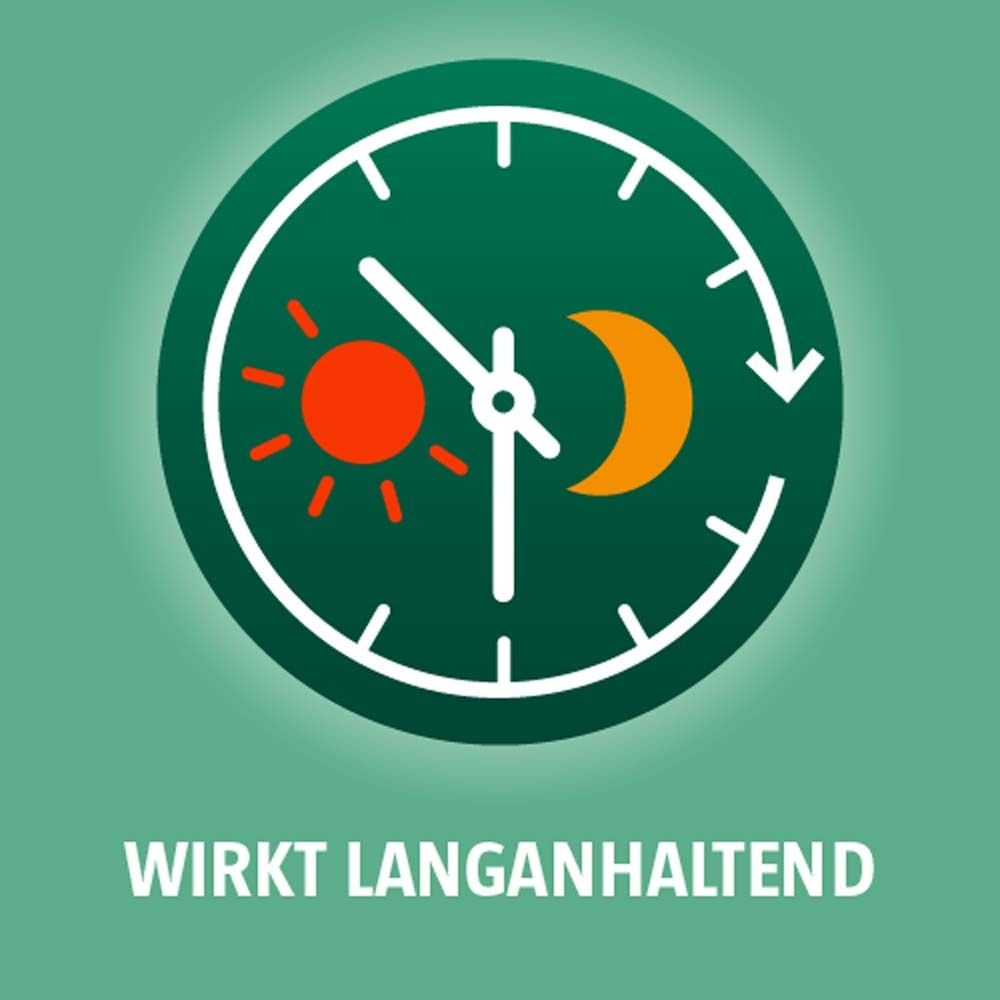 Kreis mit Uhr, Sonne und Mond. Text: Wirkt langanhaltend.