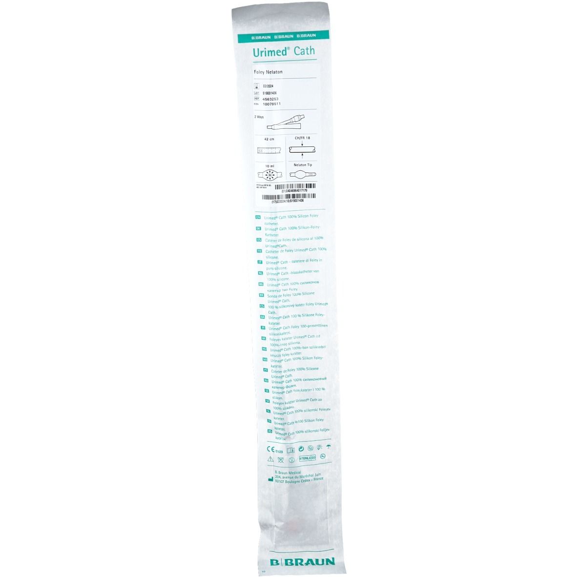 Verpackung mit Urimed Cath Foley Nelaton 18 rot. Aufschrift Urimed Cath. Hersteller B. Braun. Produktinformationen und Symbole.