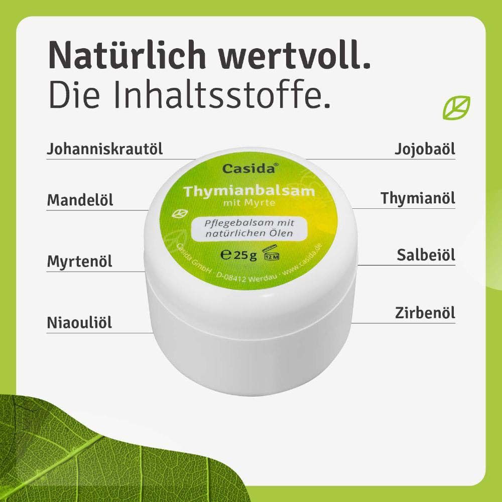 Produkt-Tiegel mit Inhaltsstoffen-Liste. Aufschrift: Casida Thymianbalsam mit Myrte. Pflegebalsam mit natürlichen Ölen. 25g. Inhaltsstoffe.