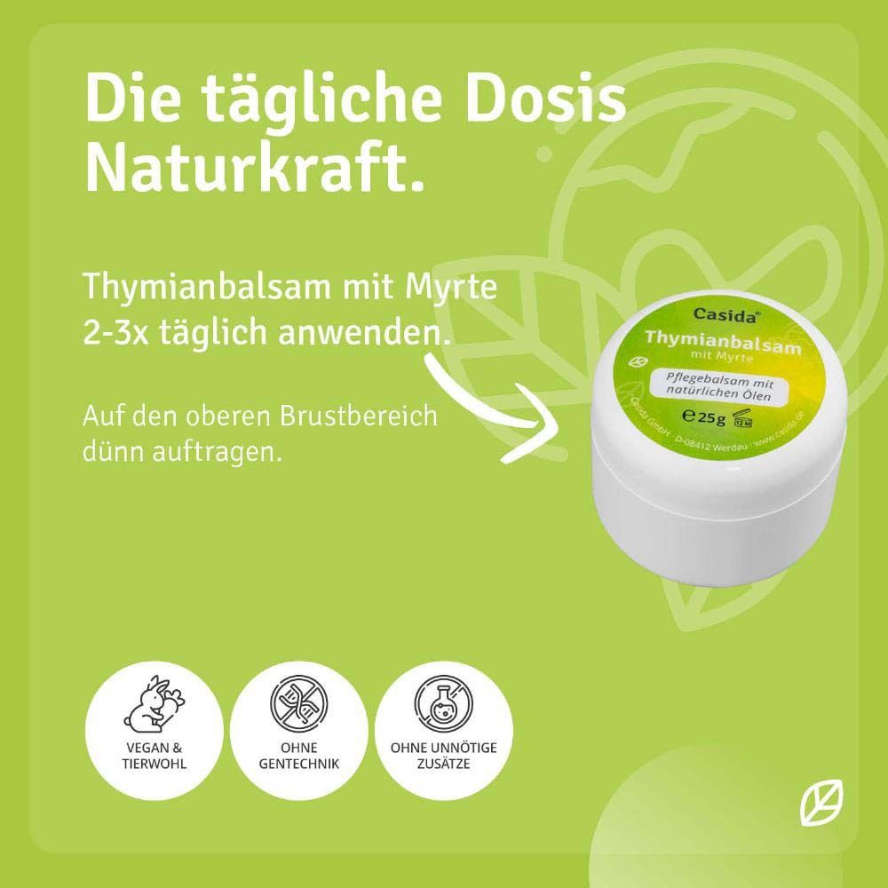 Produkt-Tiegel mit Anwendungs-Hinweis. Aufschrift: Casida Thymianbalsam mit Myrte. Pflegebalsam mit natürlichen Ölen. 25g. Anwendung: 2-3x täglich.