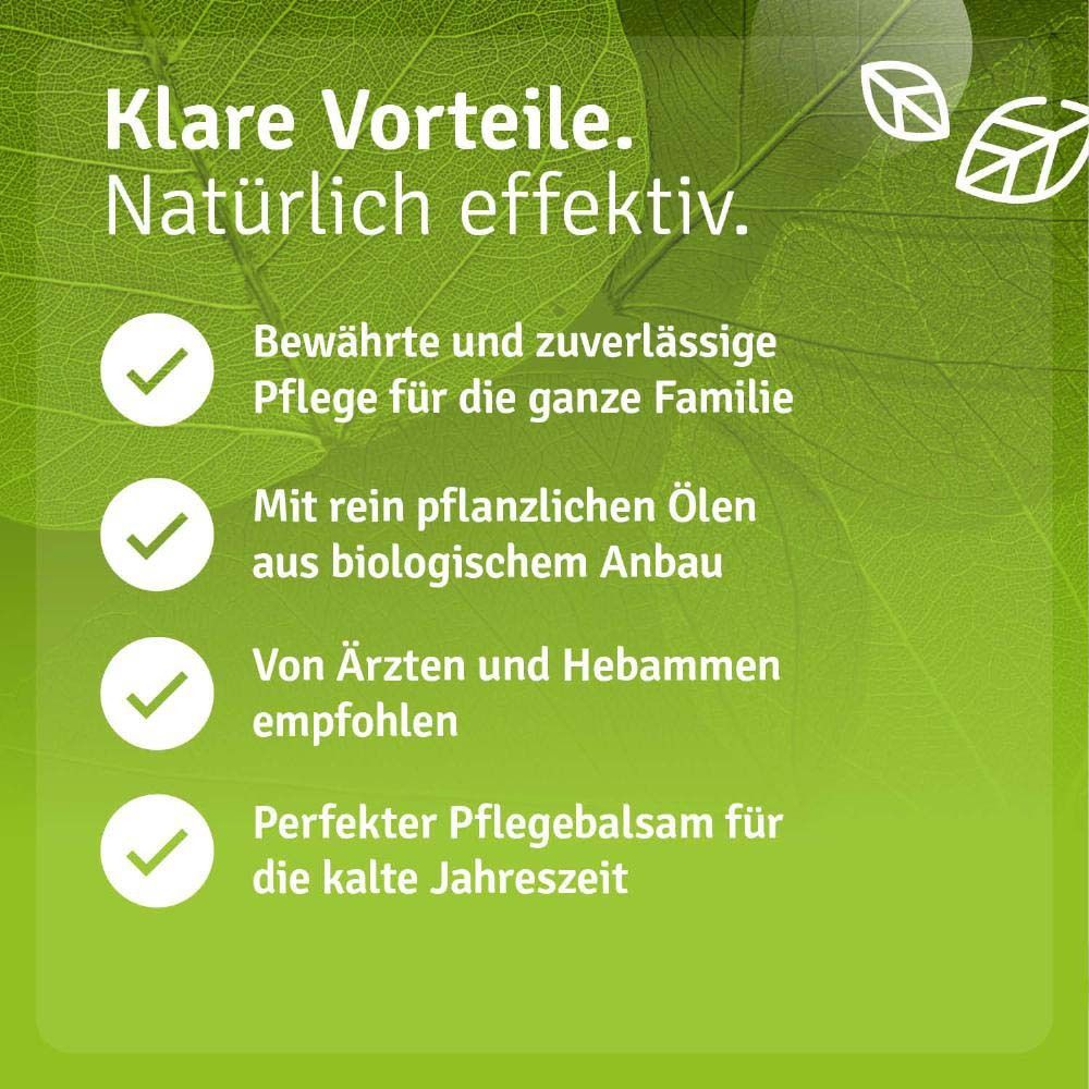 Grüner Hintergrund. Aufschrift: Bewährte Pflege für die ganze Familie. Mit pflanzlichen Ölen, von Ärzten empfohlen.