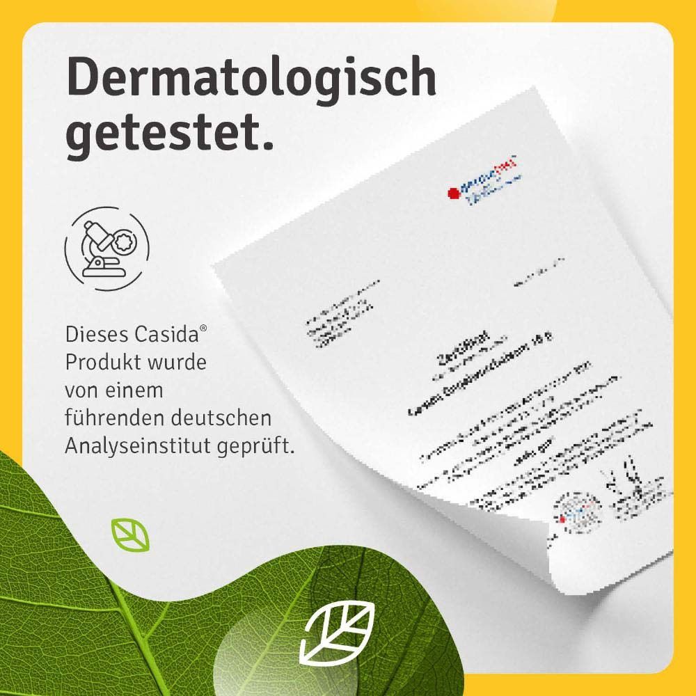 Dokument mit Zertifikat. Aufschrift: Dermatologisch getestet. Casida Produkt geprüft von deutschem Analyseinstitut.
